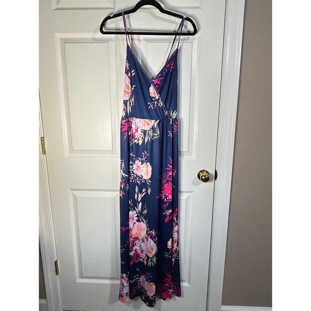 Maxi Dress Women Large Blue Floral Boho Cottage Core Summer Vacation Wrap V-Neck
